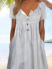 abordables Robe Rayée et Géométrique-Femmes Robe Midi Robe Décontractée Robe d&#039;Été Robe trapèze Robe d&#039;été Vacances Occasionnel Chaussures de plage Fête Coupe Ample Graphique Rayure Manche Courte Col ras du cou Bleu Gris Été