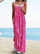 abordables combinaisons décontractées-Femmes Normal Combinaison Occasionnel Fleuri Sans manches Col en U Avec Poches Imprimé Rue Quotidien Coupe régulière Bleu Violet Fuchsia Été
