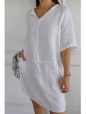 abordables concevoir des robes en coton et lin-Femmes Mini Robe Robes en coton et lin Robe Décontractée Robe d&#039;été Basique Moderne Quotidien Week-end Coupe régulière Uni Manche 3/4 Col en V Noir Blanche Marron Gris Été
