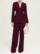 cheap Mom&#039;s Pant Suits-Collarless Blazer Two Piece Pantsuit Pantsuit Linen Blended Mother of the Bride Pantsuit Elegant Simple Minimalist V Neck Floor Length Long Sleeve with Solid Color 2025