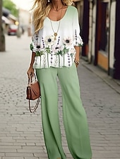 Naisten pusero 3/4 hihainen U-kaula-auko liukuvärinen kukkakuva ulkoiluloma rento musta vaaleanvihreä taivaansininen kesä löysä malli halpa Naisten puseropuvut-Naisten pusero 3/4 hihainen U-kaula-auko liukuvärinen kukkakuva ulkoiluloma rento musta vaaleanvihreä taivaansininen kesä löysä malli