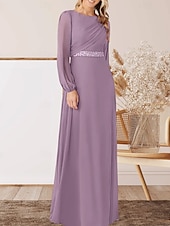 abordables Longueur du plancher-Robe A-Ligne pour Mère de la Mariée Invité de Mariage Élégante Col Arrondi Longueur Sol Chiffon Manches Longues avec Perles Ruché