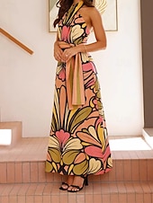 abordables concevoir des robes en coton et lin-Femmes Robe Longue Maxi Robe Robes en coton et lin Robe Décontractée Mode Extérieur Soirée Fête Coupe régulière Fleur Sans manches Col Halter Vert Été