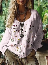 halpa Boho-topit-Naisten länkkäripaita boheemi paitapusero kukkakuvio moderni rento pitkähihainen v-aukkoinen normaali topit päivittäin juhla juhla juhla kuvio valkoinen pinkki sininen kesä syksy