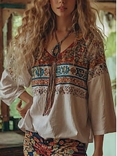billige Kvinne Boho Topper-Dame Bluse Blomstret Grafisk Bohem Årgang Tropisk 3/4 ermer V-hals Vanlige topper Rynket Trykt mønster Beige Sommer Vår
