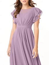 baratos Vestidos para Madrinhas-Vestido de dama de honra em corte A, gola redonda, manga longa, elegante, longo, chiffon com pregas / franzido 2025