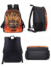ieftine Rucsaci pentru copii și adolescenți-Set rucsac bărbătesc format din 3 piese cu dragon și imprimeu cu flăcări - ghiozdan școlar rezistent, geantă de prânz izolată și geantă pentru pixuri pentru adolescenți iubitori de întoarcerea la școală și stil fantasy, Kayomi Harai
