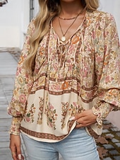 cheap Boho Tops-Women&#039;s Boho Shirt Blouse Flower Modern Boho Long Sleeve V Neck Regular Tops Daily Going out Print Yellow Pink Navy Blue Blue Orange Summer