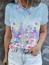 preiswerte Blumen-T-Shirt-Damen T Shirt Sommeroberteile Blumen Grafik Klassisch Lässig Kurzarm Rundhalsausschnitt Crop Tops Täglich Wochenende Druck Violett Leicht Blau Sommer Frühling Herbst