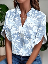 preiswerte Blumenoberteile-Damen Bluse Blumen Grafik Elegant Bohemien Täglich Kurzarm V Ausschnitt Normale Oberteile Täglich Druck Leicht Blau Sommer Frühling