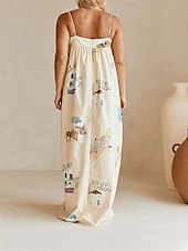 ieftine rochii imprimate din bumbac si in-Pentru femei Rochie Lunga Rochie Maxi Rochii de in bumbac Rochie casual Modă În aer liber Petrecere Concediu Fit regulat Vopsire Fără manșon Bretele Spagheti Bej Vară