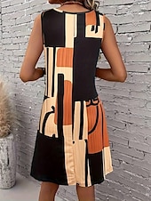 cheap Stripe&amp;Geometric Dress-Women&#039;s Mini Dress Sundress A Line Dress Summer Dress Vacation Casual Regular Fit Graphic Geometric Color Block Sleeveless U Neck Light Brown Blue Summer Spring