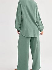 abordables Ensembles-Femmes Actif Mode Chemises en coton et lin Ensembles en coton et lin Chemisier manche longue Col de chemise Couleur Unie Dubbele Rij Knopen Fête Décontracté Quotidien Noir Ivoire Vin Été Coupe