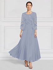 baratos Com jaqueta-Vestido de mãe da noiva em renda floral queimada azul-celeste, duas peças, corte A, elegante, simples e minimalista, decote canoa, comprimento até o chão, chiffon, manga 3/4, com jaqueta 2025