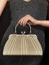 ieftine Genți De Seară &amp; Plicuri-Poșetă de seară plisată cu sclipici pentru femei, cu mâner vintage auriu – geantă elegantă și formală pentru nunți, petreceri și cocktailuri