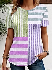 abordables T-shirt rayé et géométrique-Femmes T-shirt Graphique Rayé ancien Élégant Classique Manche Courte Col ras du cou Hauts Réguliers Quotidien Week-end Imprimé Jaune Bleu Violet Vert Été