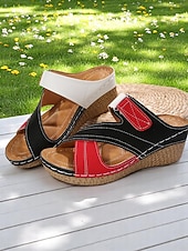 baratos Sandálias plataforma anabela-sandálias femininas de cunha vermelhas e pretas - confortáveis e elegantes com tira ajustável, perfeitas para uso casual e passeios descontraídos