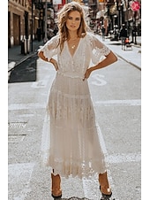 cheap White Lace Dresses-Women&#039;s Maxi long Dress White Dress Lace Dress Holiday Dress Swing Dress Elegant Romantic Boho Vacation Holiday Date Regular Fit Pure Color Short Sleeve V Neck White Summer Spring