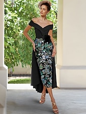 abordables Robes de cocktail-Robes cocktail brodées en colonne bleu vert vintage invitée à un mariage longueur cheville manches courtes épaules dénudées convertible crêpe extensible avec fente