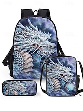 ieftine Rucsaci pentru copii și adolescenți-Set rucsac bărbătesc format din 3 piese cu dragon și imprimeu cu flăcări - ghiozdan școlar rezistent, geantă de prânz izolată și geantă pentru pixuri pentru adolescenți iubitori de întoarcerea la școală și stil fantasy, Kayomi Harai