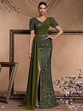 abordables Robes de bal-Robes de Quinceanera A-Line Robe élégante Mariage formel Longueur au sol Manches courtes Col en V Pailletée avec sequins
