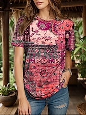 abordables T-shirt Boho-Femmes T-shirt Fleuri Graphique Géométrique ancien Élégant Classique Manche Courte Col ras du cou Col rond Hauts Réguliers Quotidien Week-end Imprimé Jaune Rose Claire Bleu Violet Vert Été Printemps
