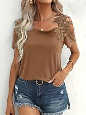 preiswerte Einfarbiges T-Shirt-Damen T Shirt Einfach Mode Modern Lässig Kurzarm V Ausschnitt Normale Oberteile Täglich Wochenende Patchwork Bestickt Schwarz Weiß Braun Grün Sommer Frühling
