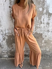 cheap Sets-Women&#039;s Active Basic Cotton Linen Sets Short Sleeve Crew Neck Solid Color Ruffle Casual Daily Black Army Green Orange Summer Regular Fit