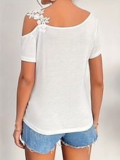 preiswerte Einfarbiges T-Shirt-Damen T Shirt Einfach Mode Modern Lässig Kurzarm V Ausschnitt Normale Oberteile Täglich Wochenende Patchwork Bestickt Schwarz Weiß Braun Grün Sommer Frühling