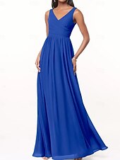 baratos Vestidos para Madrinhas-Vestido de Dama de Honra A-Line Decote V Sem Mangas Elegante Comprimento Total Chiffon com Plissado  Franzido