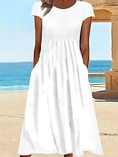 abordables concevoir des robes en coton et lin-Femmes Robe Midi Robe Décontractée Mode Classique Extérieur Fête Week-end Coupe régulière Uni Manche Courte Col ras du cou Blanche Gris Clair Gris foncé Été