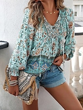 preiswerte Boho Tops-Damen Hemd Boho-Hemd Sommeroberteile Blume Täglich Stilvoll Lässig Langarm V Ausschnitt Normale Oberteile Arbeit Täglich Ferien Druck Rosa Marineblau Blau Frühling Herbst