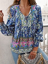 preiswerte Boho Tops-Damen Hemd Boho-Hemd Sommeroberteile Blume Täglich Stilvoll Lässig Langarm V Ausschnitt Normale Oberteile Arbeit Täglich Ferien Druck Rosa Marineblau Blau Frühling Herbst