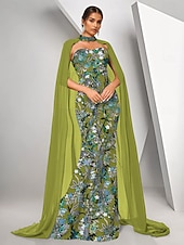 voordelige GROEN-Lichtblauwe Cape Jurk Zeemeermin  Trompet Avondjurk Elegante Jurk Formele Bruiloft Vloerlengte Mouwloos Strapless Stretch Crepe met Beading Kant