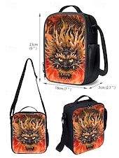 ieftine Rucsaci pentru copii și adolescenți-Set rucsac bărbătesc format din 3 piese cu dragon și imprimeu cu flăcări - ghiozdan școlar rezistent, geantă de prânz izolată și geantă pentru pixuri pentru adolescenți iubitori de întoarcerea la școală și stil fantasy, Kayomi Harai