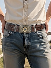 abordables Ceintures pour hommes-Ceinture western en similicuir pour homme avec boucle gravée vintage et pierre précieuse bleue, style cowboy pour rodéo, événements en plein air et tenue décontractée
