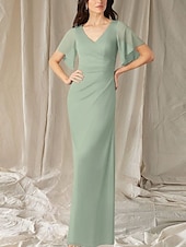 abordables Longueur du plancher-Sirène / Trompette Robe de Mère de Mariée  robe demoiselle d honneur Élégant Doux Col en V Longueur au sol Chiffon Manche Courte avec Fronces 2025