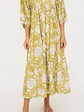 abordables Robes fleuries décontractées-Femmes Robe Midi Robe Décontractée Robe Fleurie Robe Imprimée Mode Moderne Vacances Fête Sortir Coupe régulière Fleur Manche 3/4 Col de chemise Jaune clair Été