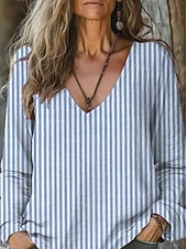 billiga Kvinnors randiga och geometriska toppar-Dam Blus Grafisk Geometrisk Randig Elegant Tropisk Dagligen 3/4 ärm V-hals Vanliga toppar Dagligen Blå Brun Sommar Vår