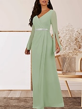 preiswerte Bodenlänge-A-Linie Brautmutterkleid Hochzeitsgast Elegant V Ausschnitt Bodenlang Chiffon Langarm mit Kristalle Raffung 2025