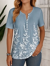 abordables T-shirt floral-Femmes T-shirt Fleuri Graphique ancien Élégant Classique Manche Courte Col rond Hauts Réguliers Quotidien Week-end Tenue de plage Boutons Smocké Imprimé Bleu Blanc Ecru Été Printemps