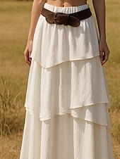 abordables Faldas Lisas-Mujer Falda Línea A Columpio Casual Boho Maxi Alta cintura Faldas Color sólido Retazos Vacaciones Festivos Blanco Verano Poliéster
