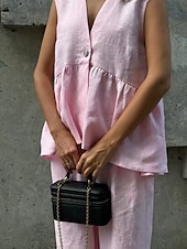 preiswerte Sets-Damen Aktiv Mode Baumwoll-Leinen-Hemden Bluse Hosen-Sets Ärmellos V Ausschnitt Einfarbig Dubbele Rij Knopen Urlaub Alltagstauglich Schwarz Rosa Leicht Blau Sommer Normale Passform