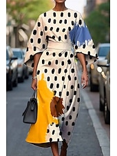 ieftine Tipăriți rochii florale-Pentru femei Rochie Lunga Rochie Maxi Rochie casual Rochie de vară Modă Modern Zilnic Dată Sfârșit de săptămână Fit regulat Geometric Lungime Manșon 3/4 Stil Nautic Plin de Culoare Negru Alb Galben