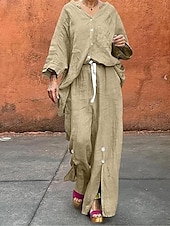 abordables Ensembles-Femmes Actif Basique Ensembles en coton et lin manche longue Col en V Couleur Unie Décontracté Quotidien Noir Blanche Jaune Été Coupe régulière