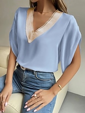 preiswerte Damen Einfache Oberteile-Damen Bluse Einfach Stilvoll Basic Lässig Kurzarm V Ausschnitt Normale Oberteile Täglich Spitze Patchwork Knöpfe Schwarz Rosa Blau Sommer