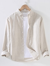 preiswerte Freizeitanzüge-Herrenhemd Leinenhemd klassisch lässig Strandhemd Standard Fit Langarm Revers einfarbig Baumwolle Leinen weiß beige grau