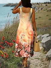 preiswerte Boho Kleider-Damen Maxikleid A Linie Kleid Sommerkleid Schulterfreies Kleid Urlaub Lässig Party Date Normale Passform Blumen Grafik Stammes Ärmellos Quadrathals Rote Orange Grün Sommer Frühling