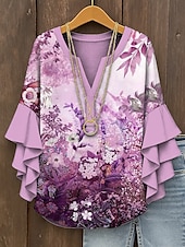 billige Blomstrete topper-Dame Bluse Nyanse Blomstret Grafisk Elegant Bohem Etnisk 3/4 ermer V-hals Vanlige topper Daglig Ferie Ferieklær Trykt mønster Gul Rosa Blå Lilla Grønn Sommer Vår Høst