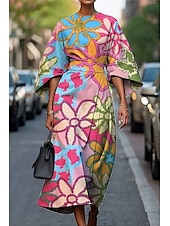 preiswerte Druck Blumen Kleider-Damen Langes Kleid Maxikleid Freizeitkleid Sommerkleid Mode Modern Täglich Date Wochenende Normale Passform Blumen Geometrisch Dreiviertelarm Rundhalsausschnitt Rosa Rote Blau Khaki Sommer